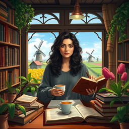 A young Iranian woman named Hasti with beautiful curly hair, studying Genetics, surrounded by classic literature books and a steaming cup of coffee