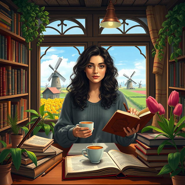 A young Iranian woman named Hasti with beautiful curly hair, studying Genetics, surrounded by classic literature books and a steaming cup of coffee