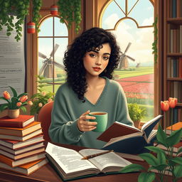 A young Iranian woman named Hasti with beautiful curly hair, studying Genetics, surrounded by classic literature books and a steaming cup of coffee