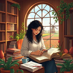 A young Iranian woman named Hasti with beautiful curly hair, studying Genetics, surrounded by classic literature books and a steaming cup of coffee