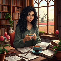 A young Iranian woman named Hasti with beautiful curly hair, studying Genetics, surrounded by classic literature books and a steaming cup of coffee