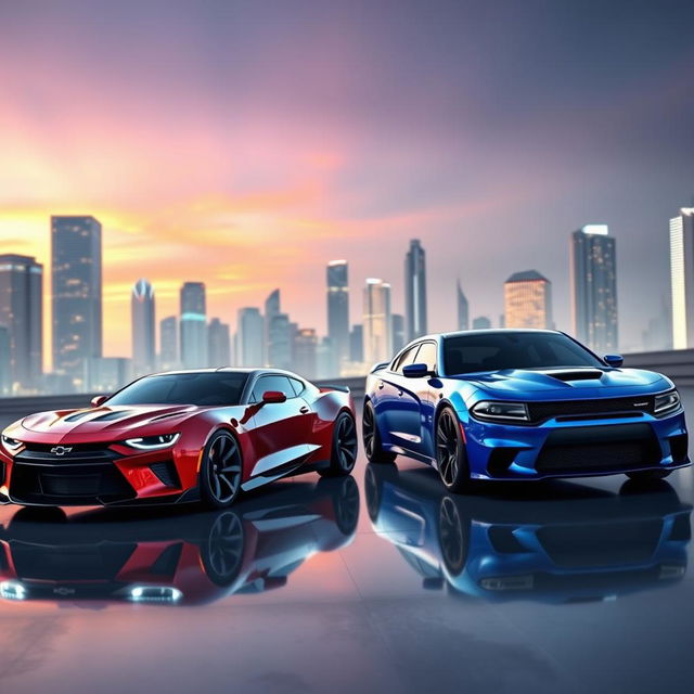 A futuristic automotive design showcasing the 2026 concept models of a Chevrolet Camaro and a Dodge Charger Daytona, parked side by side in a sleek, modern urban setting