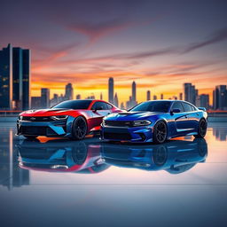 A futuristic automotive design showcasing the 2026 concept models of a Chevrolet Camaro and a Dodge Charger Daytona, parked side by side in a sleek, modern urban setting