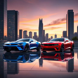 A futuristic automotive design showcasing the 2026 concept models of a Chevrolet Camaro and a Dodge Charger Daytona, parked side by side in a sleek, modern urban setting