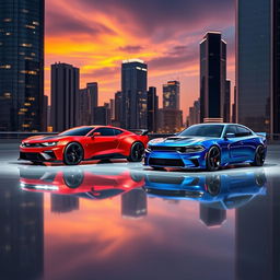 A futuristic automotive design showcasing the 2026 concept models of a Chevrolet Camaro and a Dodge Charger Daytona, parked side by side in a sleek, modern urban setting