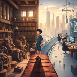 On the left side of the image, portray an ancient world with a traditional workshop filled with hand tools, where men and women are working with hand-driven wheels and simple tools