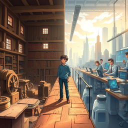 On the left side of the image, portray an ancient world with a traditional workshop filled with hand tools, where men and women are working with hand-driven wheels and simple tools