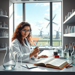 A young Iranian woman named Hasti with beautiful curly hair, studying Cellular and Molecular Biology, depicted as a dedicated student in a modern lab environment