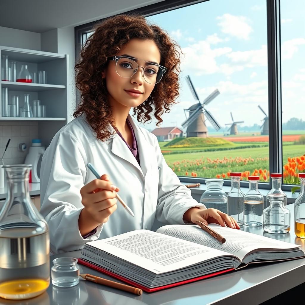 A young Iranian woman named Hasti with beautiful curly hair, studying Cellular and Molecular Biology, depicted as a dedicated student in a modern lab environment