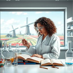 A young Iranian woman named Hasti with beautiful curly hair, studying Cellular and Molecular Biology, depicted as a dedicated student in a modern lab environment