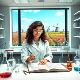 A young Iranian woman named Hasti with beautiful curly hair, studying Cellular and Molecular Biology, depicted as a dedicated student in a modern lab environment
