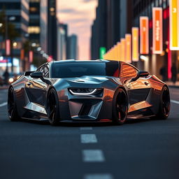 A futuristic concept car design featuring a Chevrolet Camaro and a Dodge Charger Daytona combined into a single vehicle