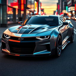 A futuristic concept car design featuring a Chevrolet Camaro and a Dodge Charger Daytona combined into a single vehicle