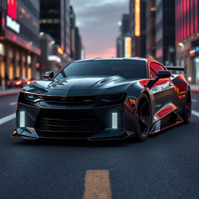 A futuristic concept car design featuring a Chevrolet Camaro and a Dodge Charger Daytona combined into a single vehicle