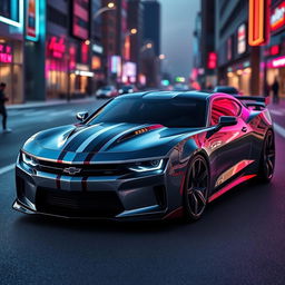 A futuristic concept car design featuring a Chevrolet Camaro and a Dodge Charger Daytona combined into a single vehicle