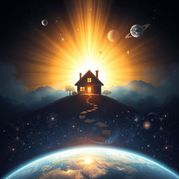 A breathtaking illustration depicting a divine light emanating from inside a cozy house, gradually spreading outside to envelop the house, then extending to illuminate the entire city