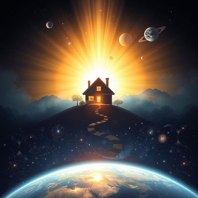 A breathtaking illustration depicting a divine light emanating from inside a cozy house, gradually spreading outside to envelop the house, then extending to illuminate the entire city