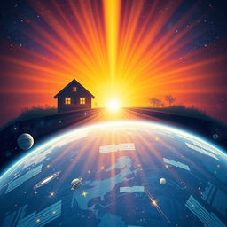 A breathtaking illustration depicting a divine light emanating from inside a cozy house, gradually spreading outside to envelop the house, then extending to illuminate the entire city