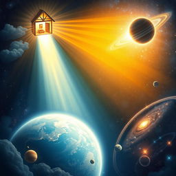 A breathtaking illustration depicting a divine light emanating from inside a cozy house, gradually spreading outside to envelop the house, then extending to illuminate the entire city