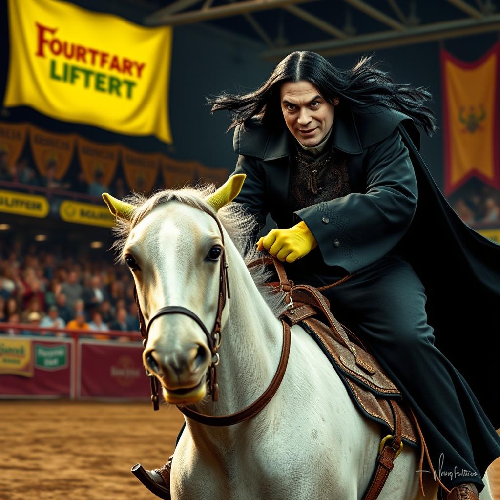 A realistic portrayal of Severus Snape from Harry Potter engaging in a rodeo performance while riding on the back of Shrek, the beloved green ogre