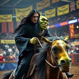 A realistic portrayal of Severus Snape from Harry Potter engaging in a rodeo performance while riding on the back of Shrek, the beloved green ogre