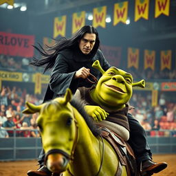 A realistic portrayal of Severus Snape from Harry Potter engaging in a rodeo performance while riding on the back of Shrek, the beloved green ogre