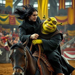 A realistic portrayal of Severus Snape from Harry Potter engaging in a rodeo performance while riding on the back of Shrek, the beloved green ogre