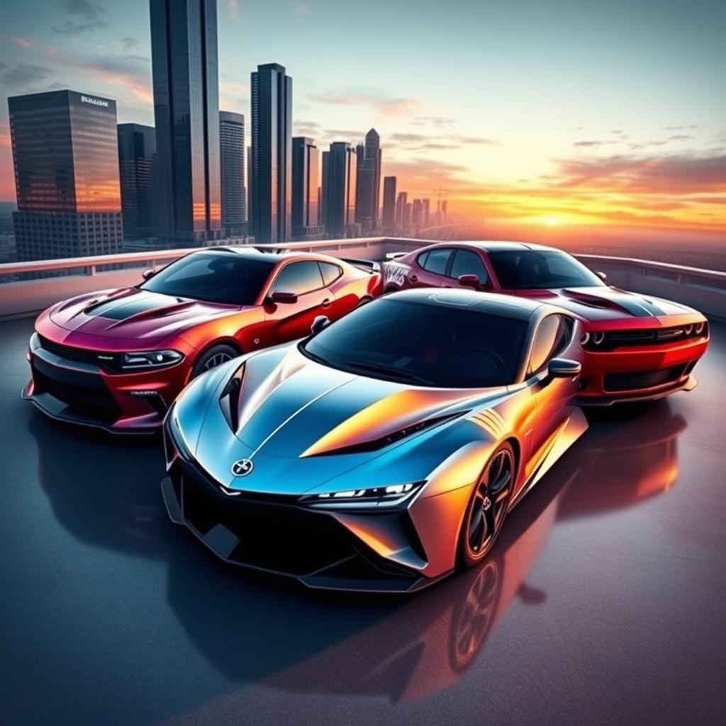 A stunning concept car design showcasing a futuristic 2026 Camaro and Dodge Charger Daytona side by side