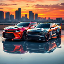 A stunning concept car design showcasing a futuristic 2026 Camaro and Dodge Charger Daytona side by side