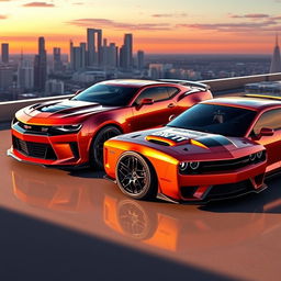 A stunning concept car design showcasing a futuristic 2026 Camaro and Dodge Charger Daytona side by side