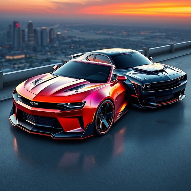 A stunning concept car design showcasing a futuristic 2026 Camaro and Dodge Charger Daytona side by side