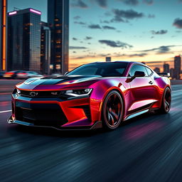 A futuristic 2026 concept car showcasing a hybrid of a Chevrolet Camaro and a Dodge Charger Daytona, featuring sleek aerodynamic design, aggressive styling, and vibrant color palette with metallic finishes