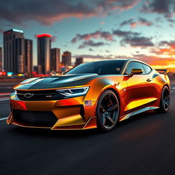 A futuristic 2026 concept car showcasing a hybrid of a Chevrolet Camaro and a Dodge Charger Daytona, featuring sleek aerodynamic design, aggressive styling, and vibrant color palette with metallic finishes