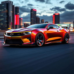 A futuristic 2026 concept car showcasing a hybrid of a Chevrolet Camaro and a Dodge Charger Daytona, featuring sleek aerodynamic design, aggressive styling, and vibrant color palette with metallic finishes