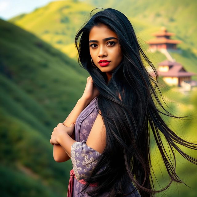 A beautiful Nepali girl with long, flowing black hair, standing in a serene natural setting, surrounded by lush green hills