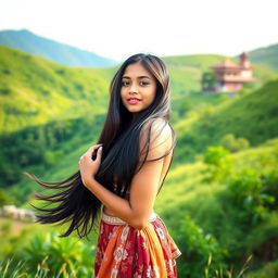 A beautiful Nepali girl with long, flowing black hair, standing in a serene natural setting, surrounded by lush green hills