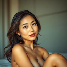 A confident, attractive Asian woman exuding sensuality, showcasing her natural beauty in a tasteful and artistic nude pose