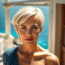 A stunning 32-year-old Greek woman with short straight blonde hair, capturing her beauty against a picturesque Greek backdrop, perhaps featuring classic architecture or the sparkling blue sea