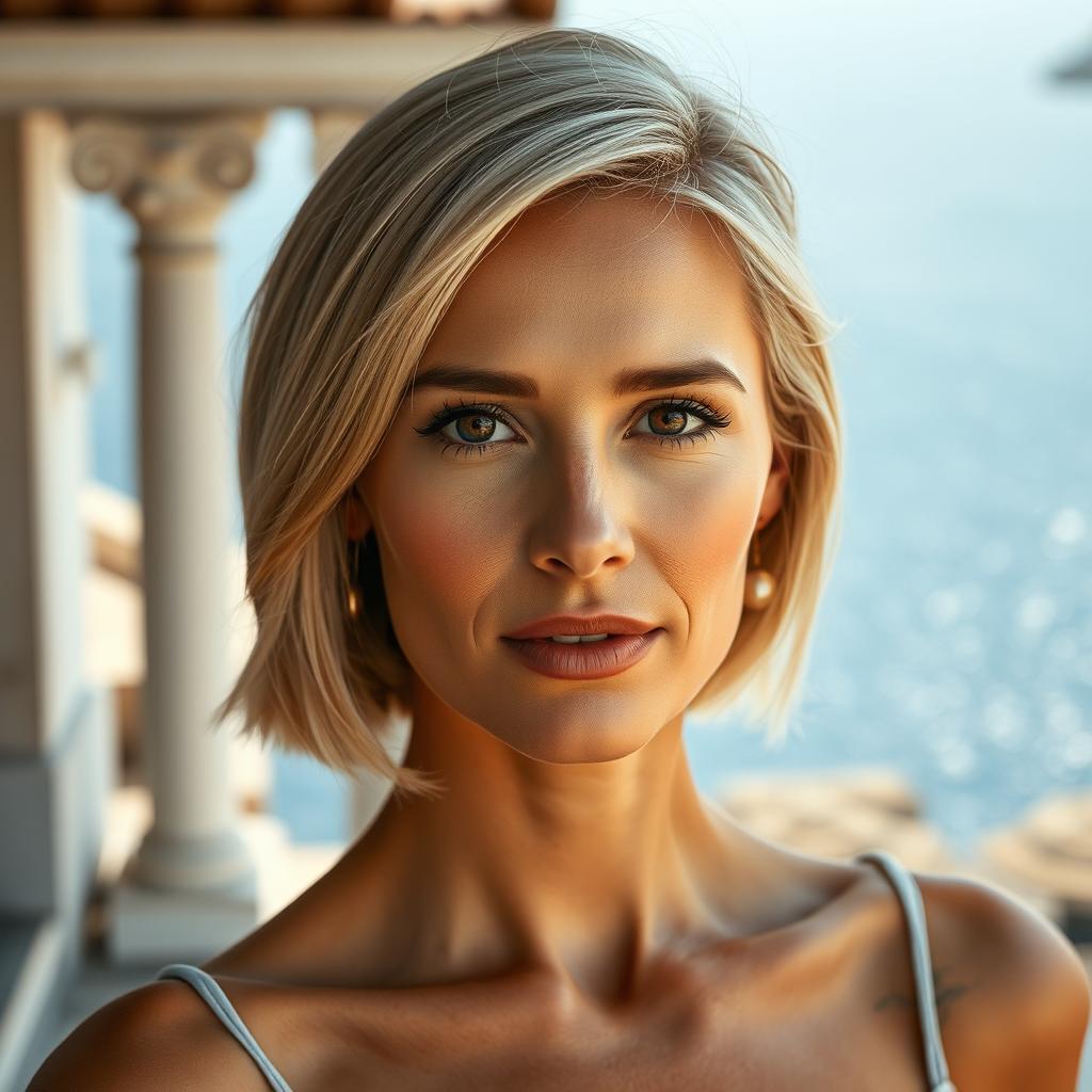 A stunning 32-year-old Greek woman with short straight blonde hair, capturing her beauty against a picturesque Greek backdrop, perhaps featuring classic architecture or the sparkling blue sea
