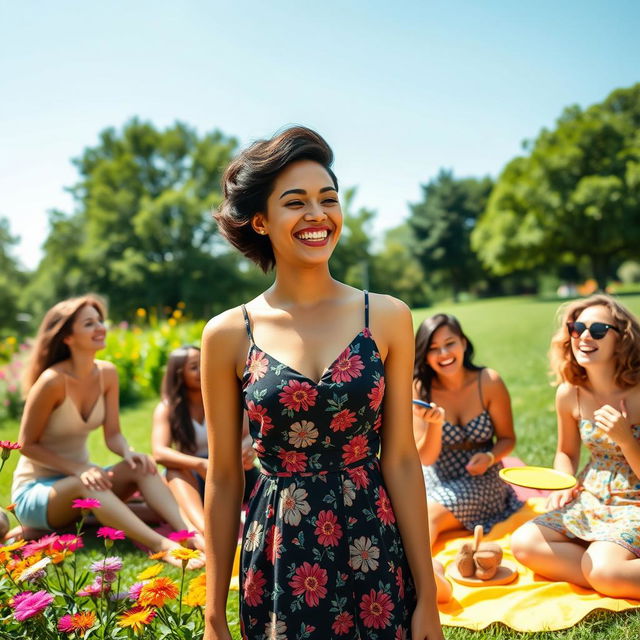 A vibrant outdoor scene featuring a group of diverse friends enjoying a sunny day at a park