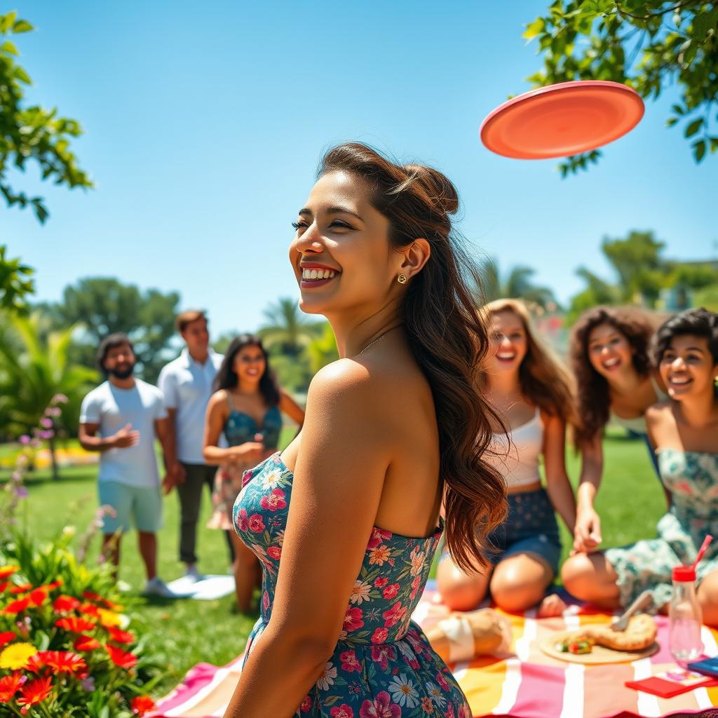 A vibrant outdoor scene featuring a group of diverse friends enjoying a sunny day at a park