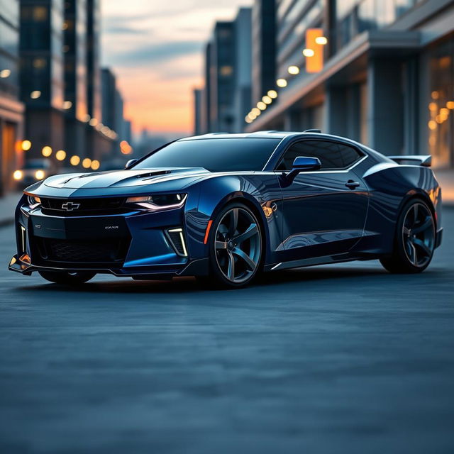 A futuristic concept car featuring a sleek and aggressive design, showcasing a 2026 Camaro integrated with a Challenger style