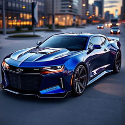 A futuristic concept car featuring a sleek and aggressive design, showcasing a 2026 Camaro integrated with a Challenger style