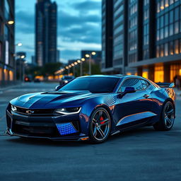 A futuristic concept car featuring a sleek and aggressive design, showcasing a 2026 Camaro integrated with a Challenger style