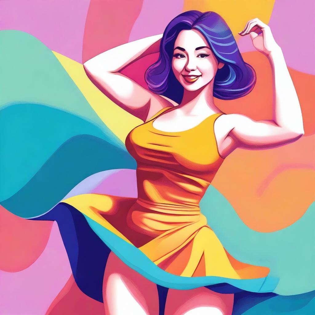 A digital art image of a young woman with fair skin and a curvaceous figure, playfully lifting her skirt