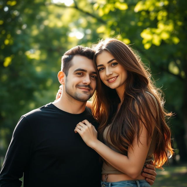 A woman standing next to a man, gently holding his head