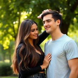 A woman standing next to a man, gently holding his head