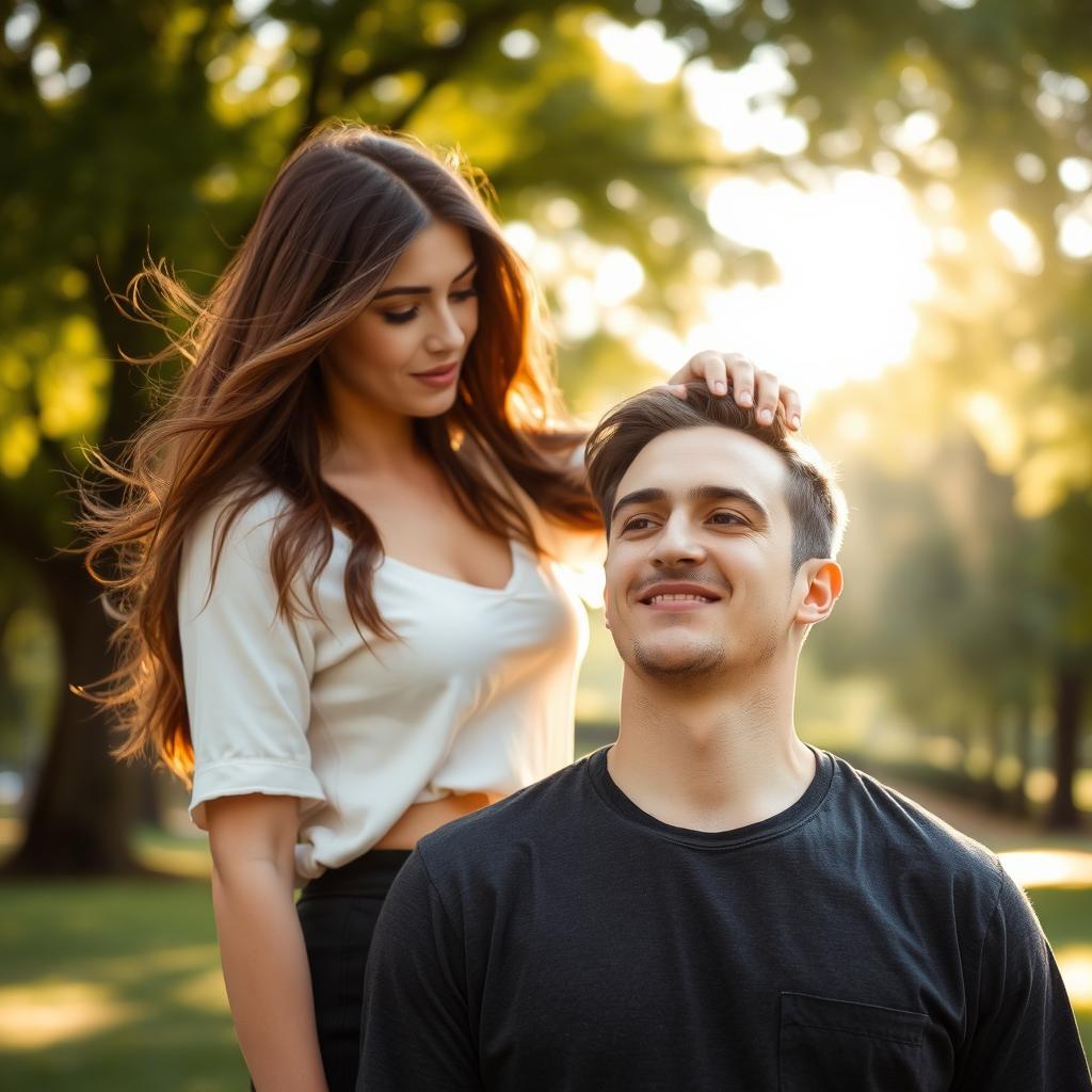 A woman standing next to a man, gently holding his head