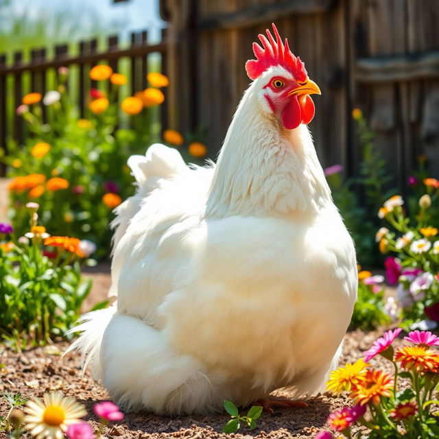 A large, fluffy white chicken with a round body, sitting comfortably in a sunny farmyard, surrounded by colorful flowers and a rustic wooden fence in the background