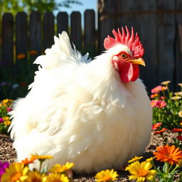 A large, fluffy white chicken with a round body, sitting comfortably in a sunny farmyard, surrounded by colorful flowers and a rustic wooden fence in the background